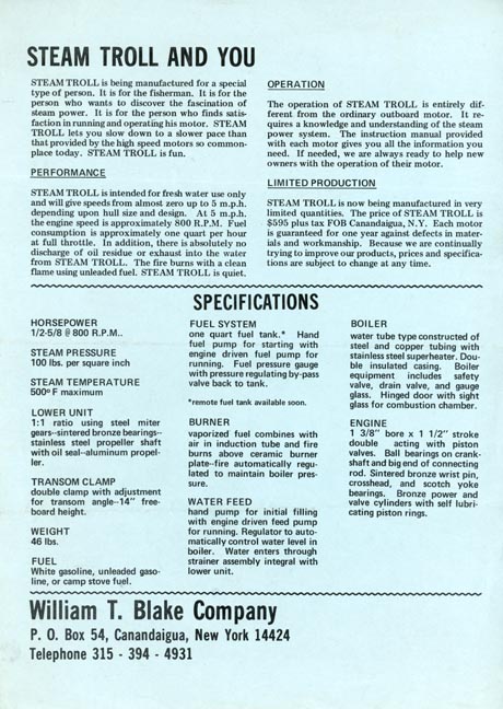 Steam Troll prototype by Bill Blake specifications